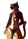  anthro bulge cigarette clothing countershade_fur countershade_torso countershading dipstick_tail domestic_cat eye_patch eyewear felid feline felis fur hair hi_res holding_cigarette holding_object male mammal markings munkeesgomu munks_(character) panties solo tail_markings underwear 