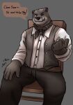  anthro beckoning bottomwear clothed clothing confident cookiedoh2 dialogue echo_(series) echo_project finger_curl flirting fully_clothed gesture hi_res lutrine male mammal mustelid necktie patting_lap sitting solo sound_effects text the_smoke_room todd_bronson topwear vest video_games visual_novel 