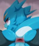  2022 anthro bandai_namco bent_over blue_body blue_butt blue_tail blush bodily_fluids butt butt_grab digimon digimon_(species) duo hand_on_butt looking_at_viewer looking_back looking_back_at_viewer rear_view shoru solo_focus spread_butt spreading sweat veemon 