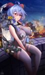 1girl :o absurdres ahoge arm_between_legs blue_hair blush bodysuit breast_pump breasts canister city_lights cloud covered_navel cup disposable_cup ganyu_(genshin_impact) genshin_impact goat_horns gradient_eyes grey_bodysuit hand_on_own_chest highres horns lactation large_breasts milk milking_machine multicolored_eyes night night_sky parted_lips price red_eyes sidelocks sitting skin_tight sky solo town turtleneck unstableboiler wavy_hair wide_hips yellow_eyes 