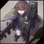  1girl assault_rifle bangs black_background black_border black_gloves black_thighhighs border brown_eyes brown_hair clenched_teeth commentary_request elbow_gloves girls&#039;_frontline gloves green_hair green_sweater grey_background gun hair_between_eyes highres holding holding_gun holding_weapon kuro_kosyou looking_away m4_carbine m4a1_(girls&#039;_frontline) multicolored_hair name_connection object_namesake ribbed_sweater rifle solo standing standing_on_one_leg streaked_hair sweater teeth thighhighs two-tone_background v-shaped_eyebrows weapon 