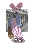  1girl absurdres afro_puffs alternate_costume bag black_shirt blue_jacket border breasts chuatury_panlunch full_body gundam gundam_suisei_no_majo highres holding holding_bag jacket leaning_back looking_at_viewer lozi midriff_peek navel nike nike_dunk off_shoulder outside_border pink_eyes pink_hair shadow shirt shoes shopping_bag sleeveless sleeveless_shirt small_breasts smile sneakers solo white_border 