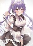  1girl alternate_costume apron bangs braid commentary_request cone_hair_bun detached_sleeves double_bun enmaided genshin_impact hair_between_eyes hair_bun highres keqing_(genshin_impact) long_hair long_sleeves looking_at_viewer maid maid_apron maid_headdress maruro parted_lips purple_eyes purple_hair short_sleeves sidelocks single_braid solo twintails 