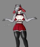  anthro arms_out ashen_(paindemonoidsex) big_breasts bottomwear bovid bra breasts caprine caprine_demon clothed clothing demon digital_media_(artwork) ear_piercing ear_ring female gesture goat goat_demon grey_body hair hair_over_eye hi_res horn legwear mammal one_eye_obstructed paindemonoidsex piercing red_bottomwear red_clothing red_ears red_eyes red_skirt ring_piercing short_hair shrug simple_background skirt smile solo standing thick_thighs thigh_highs underwear white_body 
