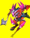  1boy armor axe ayumi_t colored_skin commentary covered_eyes duel_monster helmet highres holding holding_axe holding_weapon kashtira_fenrir knee_pads muscular open_hand red_skin sharp_toenails toenails weapon yellow_background yu-gi-oh! 