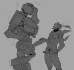  2022 bastion_(overwatch) blizzard_entertainment bottomwear clothed clothing cybernetics cyborg duo erection genitals genji_(overwatch) glans grey_background hand_on_penis hi_res humanoid humanoid_genitalia humanoid_penis larger_male machine male male/male metallic_body ninja not_furry open_bottomwear open_clothing open_pants overwatch pants penis poking_out robot robot_humanoid simple_background size_difference smaller_male squibbyart standing video_games warrior 