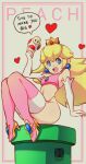  1girl bare_shoulders blonde_hair blue_eyes blush breasts character_name crown earrings el_quijote elbow_gloves english_text gloves heart high_heels highres jewelry long_hair mario_(series) open_mouth princess_peach signature smile solo super_mushroom thighhighs warp_pipe white_gloves 