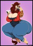  2022 abra_(aluriandkya) anthro belly big_belly big_breasts big_butt bottomwear breasts brown_hair butt cleavage clothed clothing curvaceous curvy_figure denim denim_clothing deonwolf digital_media_(artwork) eyes_closed female giraffe giraffid hair hi_res huge_breasts huge_butt huge_hips huge_thighs hyper hyper_butt hyper_hips jeans long_hair mammal pants phone slightly_chubby smile solo thick_thighs tight_clothing voluptuous wide_hips 
