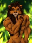  2021 5_fingers abs absurd_res anthro anthrofied athletic athletic_anthro athletic_male black_mane black_nose brown_body brown_fur chibikoma colored_fire digital_media_(artwork) disney eye_scar facial_scar felid fingers fire fur green_fire hi_res humanoid_hands lion male mammal mane nude pantherine scar scar_(the_lion_king) smile solo the_lion_king 
