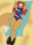  2018 anthro arisu_(arisuvixen) big_breasts bikini bikini_top blush bouncing_breasts breasts brown_body brown_fur canid canine cleavage clothed clothing digital_drawing_(artwork) digital_media_(artwork) exclamation_point eyebrow_through_hair eyebrows eyes_closed female flat_colors fluffy fluffy_tail fox fur hair hands_behind_head hi_res high-angle_view lying mammal on_back quicksand red_hair sand sleeping solo swimwear toughset translucent translucent_hair wardrobe_malfunction 