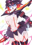  1girl absurdres ass_visible_through_thighs black_hair black_thighhighs blue_eyes breasts cleavage highres holding holding_sword holding_weapon kill_la_kill large_breasts liba_(leo8d) matoi_ryuuko medium_breasts midriff multicolored_hair navel red_hair revealing_clothes scissor_blade senketsu short_hair sideboob simple_background skirt solo sparkle stomach streaked_hair suspenders sword thick_thighs thigh_gap thighhighs thighs underboob weapon white_background 