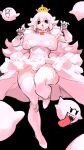  1girl absurdres black_background black_eyes boo_(mario) breasts bursting_breasts dress elbow_gloves full_body ghost gloves heart heart-shaped_pupils highres huge_breasts large_breasts liba_(leo8d) looking_at_viewer mario_(series) new_super_mario_bros._u_deluxe pink_dress pointy_ears princess_king_boo sharp_teeth simple_background smile solo super_crown symbol-shaped_pupils teeth thick_thighs thighhighs thighs tongue tongue_out white_hair white_thighhighs 