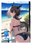  1girl admire_vega_(umamusume) against_railing animal_ears ass bare_arms bare_shoulders beach bikini blue_bikini blue_ribbon blue_sky blush cherry clothing_cutout day drink drinking_straw food from_behind fruit hair_ribbon highres holding horizon horse_ears horse_girl horse_tail leaning_forward long_hair looking_at_viewer looking_back low_ponytail may9 ocean outdoors railing red_eyes ribbon sky solo star_(symbol) swimsuit table tail tail_through_clothes umamusume white_ribbon 