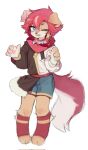  ambiguous_gender anthro black_clothing brown_body brown_fur canid canine canis claws clothing collar crayon_(artist) domestic_dog eyes_closed footwear fur hair hi_res mammal paws pink_body pink_clothing pink_fur pink_hair red_clothing simple_background socks solo white_background white_body white_clothing white_fur yellow_clothing 