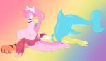  2022 big_breasts breasts chimera female feral gradient_background hair hi_res labbit1337 pink_body pink_eyes pink_hair rainbow_background scene_hair shark_tail simple_background solo 