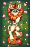  absurd_res accessory asian_mythology autumn_blaze_(mlp) blush chinese_mythology cloven_hooves confetticakez east_asian_mythology eyelashes female feral flower flower_in_hair flower_petals friendship_is_magic fur grass green_body green_fur green_hooves green_scales hair hair_accessory hasbro hi_res hooves horn kirin lying mane my_little_pony mythology on_back orange_mane petals plant red_horn scales smile solo yellow_eyes 