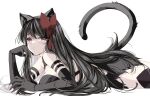  1girl akemi_homura akuma_homura animal_ears argyle argyle_legwear bare_shoulders black_gloves black_hair cat_ears cat_tail gloves highres image_sample long_hair lying mahou_shoujo_madoka_magica mahou_shoujo_madoka_magica:_hangyaku_no_monogatari misteor on_stomach purple_eyes ribbon solo tail twitter_sample white_background 