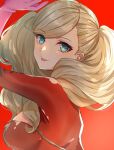  1girl bangs blonde_hair blue_eyes bodysuit breasts clothing_cutout commentary edamameoka gloves hair_ornament hairclip highres long_hair long_sleeves looking_at_viewer medium_breasts no_mask persona persona_5 pink_gloves red_background red_bodysuit simple_background solo swept_bangs takamaki_anne tongue tongue_out twintails upper_body zipper 