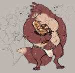  2022 anthro asian_clothing belly big_belly bread bulge canid canine clothing east_asian_clothing eyes_closed food fox fundoshi group hi_res japanese_clothing male mammal moobs overweight overweight_male pure_command solo_focus underwear 