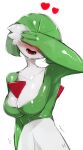  1girl absurdres arm_at_side arm_up bangs bob_cut breasts cleavage collarbone colored_skin commentary covered_eyes covering_eyes embarrassed facing_viewer gardevoir green_hair green_skin happy heart highres large_breasts multicolored_skin my700 open_mouth pokemon pokemon_(creature) shiny shiny_hair shiny_skin short_hair simple_background sketch smile solo standing symbol-only_commentary teeth tongue trembling two-tone_skin upper_body white_background white_skin 