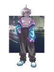  1girl absurdres alternate_costume blue_jacket border breasts full_body grey_eyes grey_hair grey_pants gundam gundam_suisei_no_majo hand_on_hip head_tilt highres jacket light_smile looking_at_viewer lozi medium_breasts midriff_peek miorine_rembran navel nike nike_dunk off_shoulder pants photo_background shirt shoes sneakers solo sweatpants white_border white_shirt 