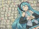  1girl bangs black_footwear black_skirt black_sleeves blue_hair blue_necktie blush boots breaking_bad breasts closed_eyes closed_mouth collared_shirt cowboy_shot detached_sleeves digiral grey_shirt hair_ornament hatsune_miku headphones holding holding_money huell_rolling_in_money_(meme) long_hair meme miniskirt money necktie pleated_skirt shirt skirt sleeveless sleeveless_shirt small_breasts smile solo thigh_boots twintails very_long_hair vocaloid zettai_ryouiki 