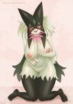  absurd_res anthro blush breasts female generation_9_pokemon genitals green_body hi_res kneeling looking_at_viewer meowscarada nintendo nipples open_mouth pokemon pokemon_(species) purple_eyes pussy simple_background solo tadhkm8330 video_games 