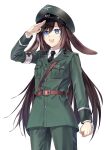  1girl absurdres animal_ears arm_up bangs black_necktie blue_eyes brown_hair character_request feet_out_of_frame green_headwear green_jacket green_pants hat highres jacket long_hair long_sleeves looking_away military military_hat military_uniform necktie open_mouth pants peaked_cap rabbit_ears salute shirt smile solo standing suprii teeth uniform upper_teeth virtual_youtuber white_background white_shirt 