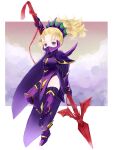  1girl armor blonde_hair cape cloud dragoon dragoon_(final_fantasy) final_fantasy final_fantasy_v full_body hapiko_(hiyamugi_5555) holding holding_weapon krile_mayer_baldesion long_hair looking_at_viewer polearm ponytail purple_eyes shoulder_armor solo spear thighhighs weapon 