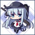  1girl anchor anchor_symbol bangs black_border black_headwear black_pantyhose black_sailor_collar black_skirt blue_background blue_eyes blue_hair blush_stickers border chibi closed_mouth commentary_request flat_cap full_body hair_between_eyes hat hibiki_(kancolle) kantai_collection long_hair long_sleeves looking_at_viewer machinery neckerchief no_shoes pantyhose pleated_skirt red_neckerchief rensei sailor_collar school_uniform serafuku shirt skirt solo two-tone_background very_long_hair white_background white_shirt 