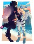  anthro arcanine astridmeowstic beach black_body black_fur blue_body blue_fur breasts butt canid digitigrade duo eeveelution eyes_closed female female/female fluffy fluffy_tail fur generation_1_pokemon generation_4_pokemon genitals glaceon hand_holding happy hi_res mammal neck_tuft nintendo nipples nude on_one_leg pawpads pokemon pokemon_(species) pussy romantic romantic_couple sea seaside smile standing stripes sunset tuft video_games water 