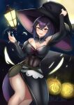  1girl :d apron bare_shoulders black_dress black_hair black_headwear blush breasts cleavage dress fire_emblem fire_emblem_awakening halloween halloween_costume hat highres long_sleeves medium_breasts morgan_(fire_emblem) morgan_(fire_emblem)_(female) pumpkin purple_eyes short_hair smile solo twitter_username waist_apron witch witch_hat zet_(twt_zet) 