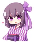  1girl :d bangs blush bow brown_hair commentary_request cropped_torso hair_between_eyes hair_bow heart japanese_clothes kimono long_sleeves looking_at_viewer obi original print_kimono purple_bow purple_eyes rensei sash simple_background smile solo upper_body white_background wide_sleeves yagasuri 