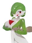  1girl absurdres bangs blush bob_cut breast_grab breasts collarbone colored_skin commentary disembodied_limb gardevoir grabbing green_hair green_skin hair_over_one_eye half-closed_eyes hand_on_another&#039;s_hand hands_up happy highres large_breasts looking_back multicolored_skin my700 one_eye_covered open_mouth pokemon pokemon_(creature) red_eyes shiny shiny_hair shiny_skin short_hair simple_background sketch smile solo_focus standing symbol-only_commentary teeth two-tone_skin upper_body white_background white_skin 