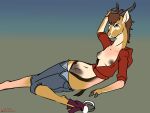  antelope anthro bottomwear bottomwear_down bovid breasts brown_hair clothed clothing female fur gazelle gender_transformation hair halcy0n hi_res hoodie hooves horn human_to_anthro lying mammal mtf_transformation nipples on_back open_clothing open_hoodie open_topwear pants pants_down partially_clothed reclining solo species_transformation tan_body tan_fur teats topwear torn_shoes transformation 