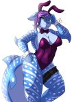  2022 5_fingers anthro blue_body breasts bunny_costume carpet_shark cleavage clothed clothing costume digital_media_(artwork) fake_ears fake_rabbit_ears female fingers fish hair hi_res ketzel99 marine markings purple_hair rigel_(1stsavagery) shark simple_background solo whale_shark white_background 