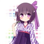  1girl bangs blush breasts brown_hair closed_mouth commentary_request folded_fan folding_fan hair_between_eyes hair_ribbon hakama hakama_skirt hand_fan hand_up heart holding holding_fan japanese_clothes kimono long_sleeves looking_at_viewer original print_kimono purple_eyes purple_hakama purple_ribbon rensei ribbon skirt small_breasts smile solo white_background wide_sleeves yagasuri 