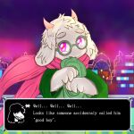  1:1 2022 2_horns 4_fingers :3 anthro bite blush bovid caprine clothing deltarune detailed_background digital_media_(artwork) english_text eyewear fingers fluffy fur glasses goat green_clothing green_eyewear green_glasses green_robe happy hi_res horn light lonelywolfyboi looking_at_viewer male mammal pink_eyes pink_horn pink_pupils pink_scarf pupils ralsei robe round_glasses scarf shaded smile solo text undertale_(series) video_games white_body white_fur white_hands 