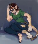  anthro bethesda_softworks blue_eyes bottomwear breasts canid canine canis claws clothed clothing coyote eyewear fallout female glasses growth hand_on_head hi_res human human_to_anthro humanoid_pointy_ears hybrid mammal night_stalker_(fallout) pants pit_viper pixelflare rattlesnake reptile scalie shirt snake solo species_transformation t-shirt tail_growth topwear torn_clothing transformation video_games viper 