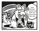  advos bird english_text full_body greyscale hammer holding holding_hammer holding_weapon monochrome pokemon pokemon_(creature) poptepipic profanity rookidee tinkaton weapon 