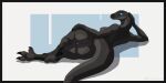  anthro big_butt black_body black_scales blue_eyes breasts butt claws dinosaur dromaeosaurid feet female hand_on_butt hand_on_hip head_on_hand hi_res lying nipples non-mammal_breasts nude on_side reptile returnaddress scales scalie scar solo theropod thick_tail velociraptor wide_hips 