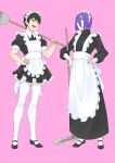  2boys apron bangs black_hair blue_eyes bow broom fang hair_between_eyes heime_(rosen_garten_saga) highres ho_shi_11 holding holding_broom holding_mop looking_at_viewer maid maid_apron maid_headdress mask medium_hair mop mouth_mask multiple_boys open_mouth pink_background purple_hair rosen_garten_saga short_hair simple_background thighhighs waist_bow white_thighhighs witege_(rosen_garten_saga) yellow_eyes 