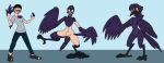  4_toes anisodactyl anthro avian beak bird bird_feet black_body black_feathers bottomwear breasts clothing corvid corvus_(genus) crow feathered_wings feathers feet female footwear gender_transformation human human_to_anthro male mammal mtf_transformation nipples non-mammal_breasts open_beak open_mouth oscine pants passerine shirt shoes solo species_transformation t-shirt toes topwear torn_clothing torn_shoes transformation whitephoenix52 winged_arms wings yellow_eyes 