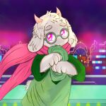  1:1 2022 2_horns 4_fingers :3 bite blush bovid caprine clothing deltarune detailed_background digital_media_(artwork) eyewear fingers fluffy fur glasses goat green_clothing green_eyewear green_glasses green_robe happy hi_res horn light lonelywolfyboi looking_at_viewer male mammal pink_eyes pink_horn pink_pupils pink_scarf pupils ralsei robe round_glasses scarf shaded smile solo undertale_(series) video_games white_body white_fur white_hands 