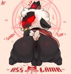  2022 aer0_zer0 anthro anus backsack balls big_butt black_body blood blood_from_eye bodily_fluids bovid butt caprine crown cult_of_the_lamb digital_media_(artwork) english_text genitals hi_res horn huge_butt lamb_(cult_of_the_lamb) looking_back male mammal onomatopoeia rear_view red_crown_(cult_of_the_lamb) red_eyes sheep solo sound_effects text thick_thighs wide_hips 