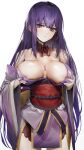  1girl breast_hold breasts cleavage commentary_request genshin_impact highres human_scabbard japanese_clothes kimono large_breasts long_hair mole mole_under_eye obi obiage obijime open_clothes open_kimono poharo purple_eyes purple_hair purple_kimono purple_nails raiden_shogun sash standing white_background 
