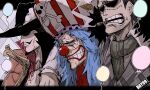  3boys arm_around_neck black_hair blue_hair buggy_the_clown cigar clenched_teeth closed_mouth clown_nose crocodile_(one_piece) dracule_mihawk empty_eyes facial_hair goatee half-closed_eyes hat highres kankan33333 letterboxed long_hair male_focus mature_male multiple_boys mustache one_piece open_mouth pirate_hat red_nose scar scar_on_face scared side-by-side sketch skull_and_crossbones smoke smoking snot spoilers stitches sweat sweating_profusely teeth 