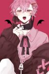  1boy bangs bat_wings bishounen crossed_bangs earrings facial_mark hair_ornament hairclip heart heart-shaped_pupils heart_earrings highres jewelry looking_at_viewer male_focus muinya open_mouth pink_background pink_hair ring satomi_(stpri) solo strawberry_prince sweater symbol-shaped_pupils wings 