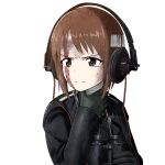  1girl absurdres bandaged_head bandages binoculars black_jacket blood blood_on_face brown_hair girls_und_panzer gloves green_gloves headphones highres holding holding_binoculars jacket long_sleeves military military_uniform nishizumi_miho saitou_kaoru_(nashorn) serious solo uniform wehrmacht white_background 