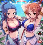  2girls :q armlet armpits arms_up bangs bare_shoulders bikini bikini_top_only blue_bikini blue_eyes blue_hair blue_skirt blue_sky blue_vest blush breasts cleavage clima-tact cloud collarbone commentary_request cowboy_shot day earrings groin half_updo harem_outfit hat highres holding holding_staff jewelry kasai_shin large_breasts long_hair long_skirt looking_at_viewer midriff multiple_girls nami_(one_piece) navel necklace nefertari_vivi ocean one_piece open_mouth orange_hair parted_bangs pink_vest ponytail railing short_hair sidelocks signature skirt skull_and_crossbones sky smile staff standing straw_hat straw_hats_jolly_roger sweat swimsuit tongue tongue_out vest white_skirt 